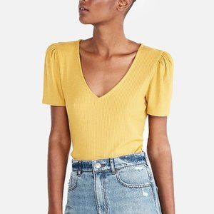Express Mustard Yellow Ribbed V-Neck Puffed Short Sleeve Fitted Top